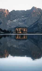 Preview wallpaper mountains, lake, building, architecture, reflection