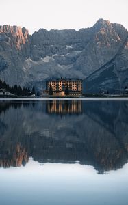 Preview wallpaper mountains, lake, building, architecture, reflection