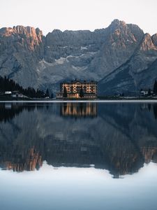 Preview wallpaper mountains, lake, building, architecture, reflection