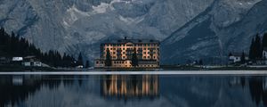 Preview wallpaper mountains, lake, building, architecture, reflection