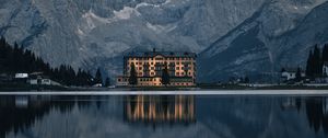 Preview wallpaper mountains, lake, building, architecture, reflection