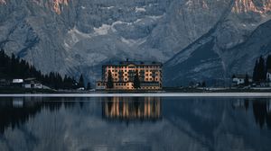 Preview wallpaper mountains, lake, building, architecture, reflection