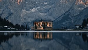 Preview wallpaper mountains, lake, building, architecture, reflection