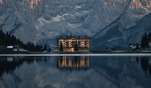 Preview wallpaper mountains, lake, building, architecture, reflection