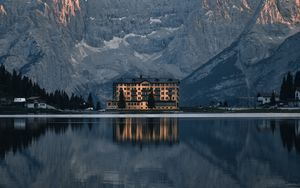 Preview wallpaper mountains, lake, building, architecture, reflection
