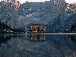 Preview wallpaper mountains, lake, building, architecture, reflection