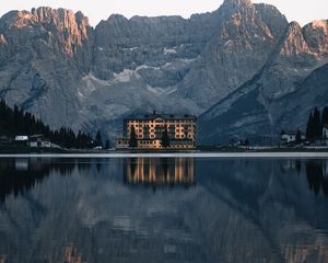 Preview wallpaper mountains, lake, building, architecture, reflection
