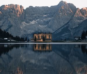 Preview wallpaper mountains, lake, building, architecture, reflection