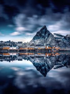 Preview wallpaper mountains, lake, buildings, reflection