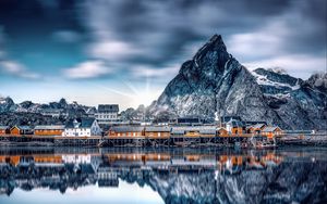 Preview wallpaper mountains, lake, buildings, reflection