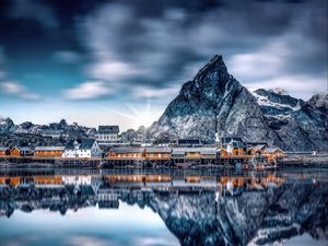 Preview wallpaper mountains, lake, buildings, reflection