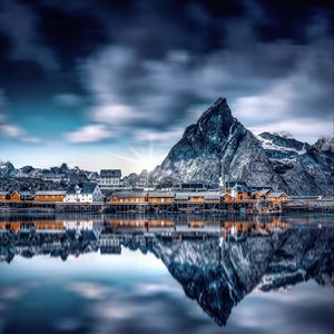 Preview wallpaper mountains, lake, buildings, reflection