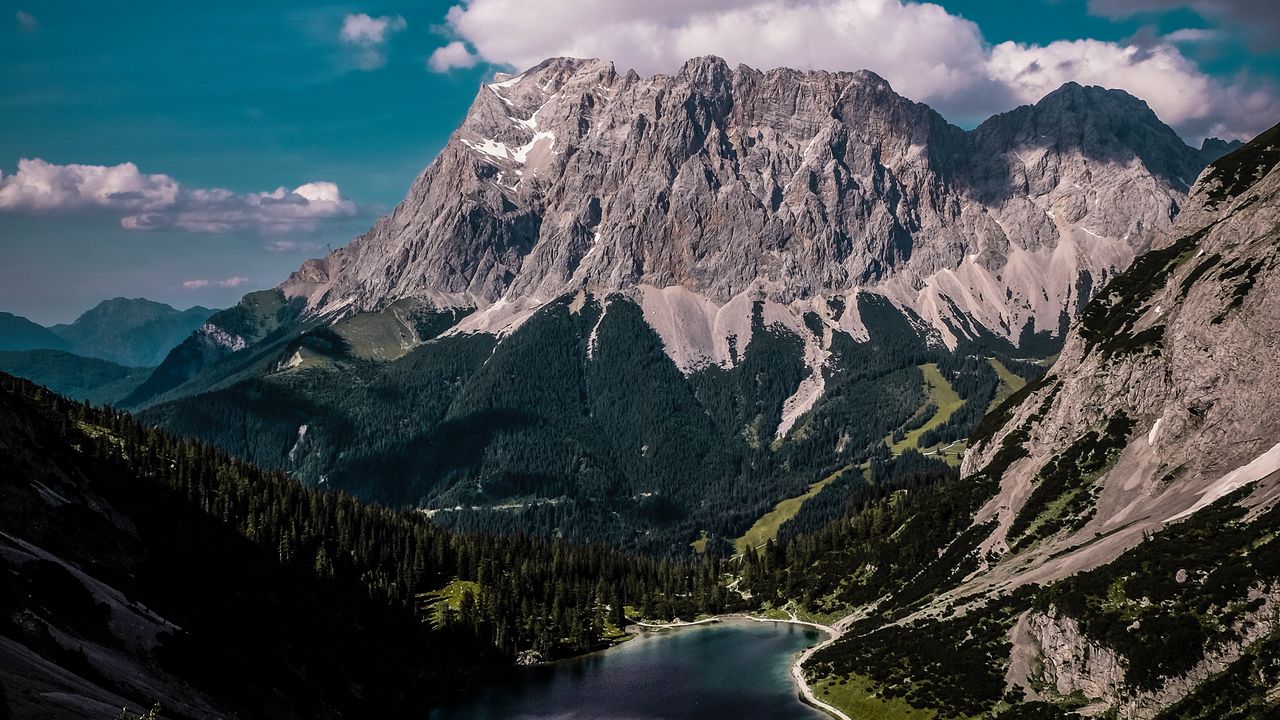 Wallpaper mountains, lake, clouds, top view, peak, ehrwald, austria hd,  picture, image