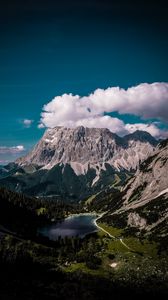 Preview wallpaper mountains, lake, clouds, top view, peak, ehrwald, austria