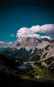 Preview wallpaper mountains, lake, clouds, top view, peak, ehrwald, austria