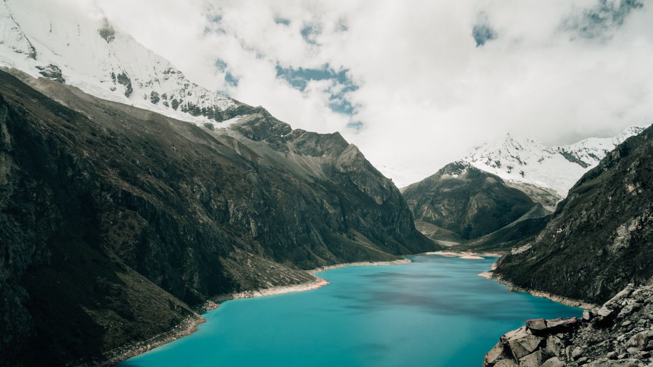 Wallpaper mountains, lake, clouds, stones, landscape
