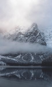 Preview wallpaper mountains, lake, clouds, snowy, shore