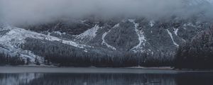 Preview wallpaper mountains, lake, clouds, snowy, shore