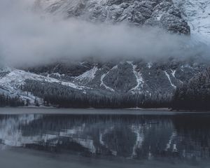 Preview wallpaper mountains, lake, clouds, snowy, shore