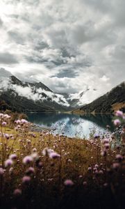 Preview wallpaper mountains, lake, clouds, wildflowers, sky