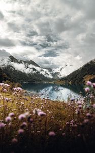 Preview wallpaper mountains, lake, clouds, wildflowers, sky