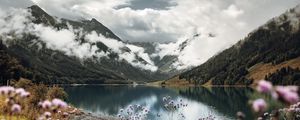 Preview wallpaper mountains, lake, clouds, wildflowers, sky