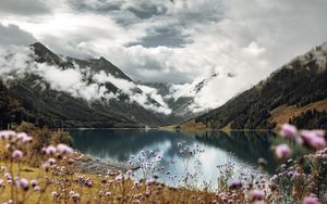 Preview wallpaper mountains, lake, clouds, wildflowers, sky