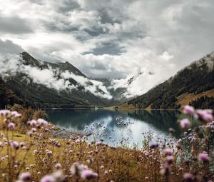 Preview wallpaper mountains, lake, clouds, wildflowers, sky