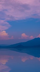 Preview wallpaper mountains, lake, clouds, reflection, landscape, purple