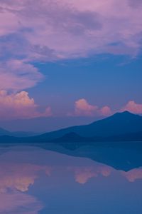 Preview wallpaper mountains, lake, clouds, reflection, landscape, purple