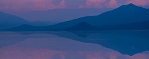 Preview wallpaper mountains, lake, clouds, reflection, landscape, purple