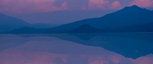 Preview wallpaper mountains, lake, clouds, reflection, landscape, purple