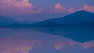 Preview wallpaper mountains, lake, clouds, reflection, landscape, purple