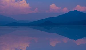 Preview wallpaper mountains, lake, clouds, reflection, landscape, purple