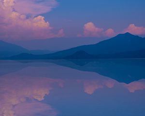 Preview wallpaper mountains, lake, clouds, reflection, landscape, purple