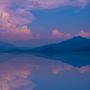 Preview wallpaper mountains, lake, clouds, reflection, landscape, purple