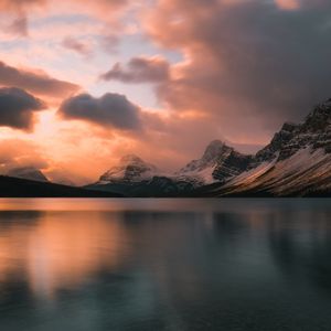 Preview wallpaper mountains, lake, clouds, sunset, nature