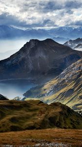 Preview wallpaper mountains, lake, clouds, landscape, slope