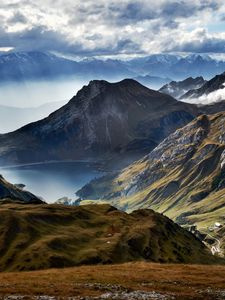 Preview wallpaper mountains, lake, clouds, landscape, slope