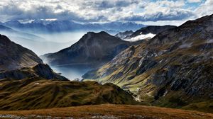 Preview wallpaper mountains, lake, clouds, landscape, slope
