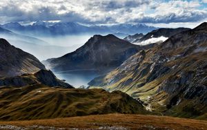 Preview wallpaper mountains, lake, clouds, landscape, slope