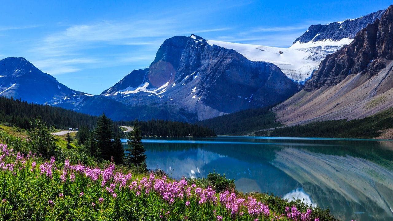 Wallpaper mountains, lake, flowers, trees, landscape, nature