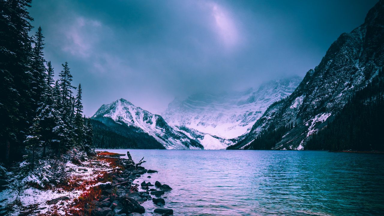 Wallpaper mountains, lake, fog, snow, stones, chephren lake, canada