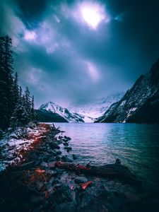 Preview wallpaper mountains, lake, fog, snow, stones, chephren lake, canada