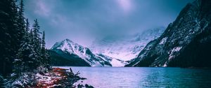 Preview wallpaper mountains, lake, fog, snow, stones, chephren lake, canada