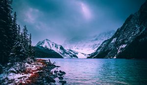 Preview wallpaper mountains, lake, fog, snow, stones, chephren lake, canada