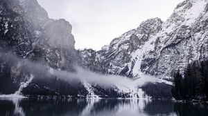 Preview wallpaper mountains, lake, fog, snowy, landscape
