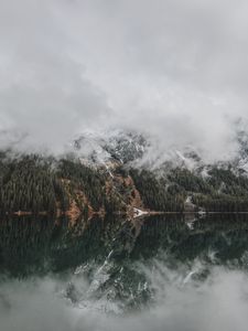 Preview wallpaper mountains, lake, fog, clouds, forest, landscape