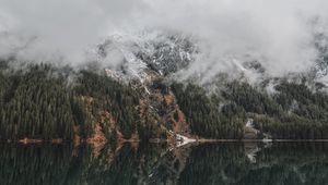 Preview wallpaper mountains, lake, fog, clouds, forest, landscape
