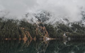 Preview wallpaper mountains, lake, fog, clouds, forest, landscape